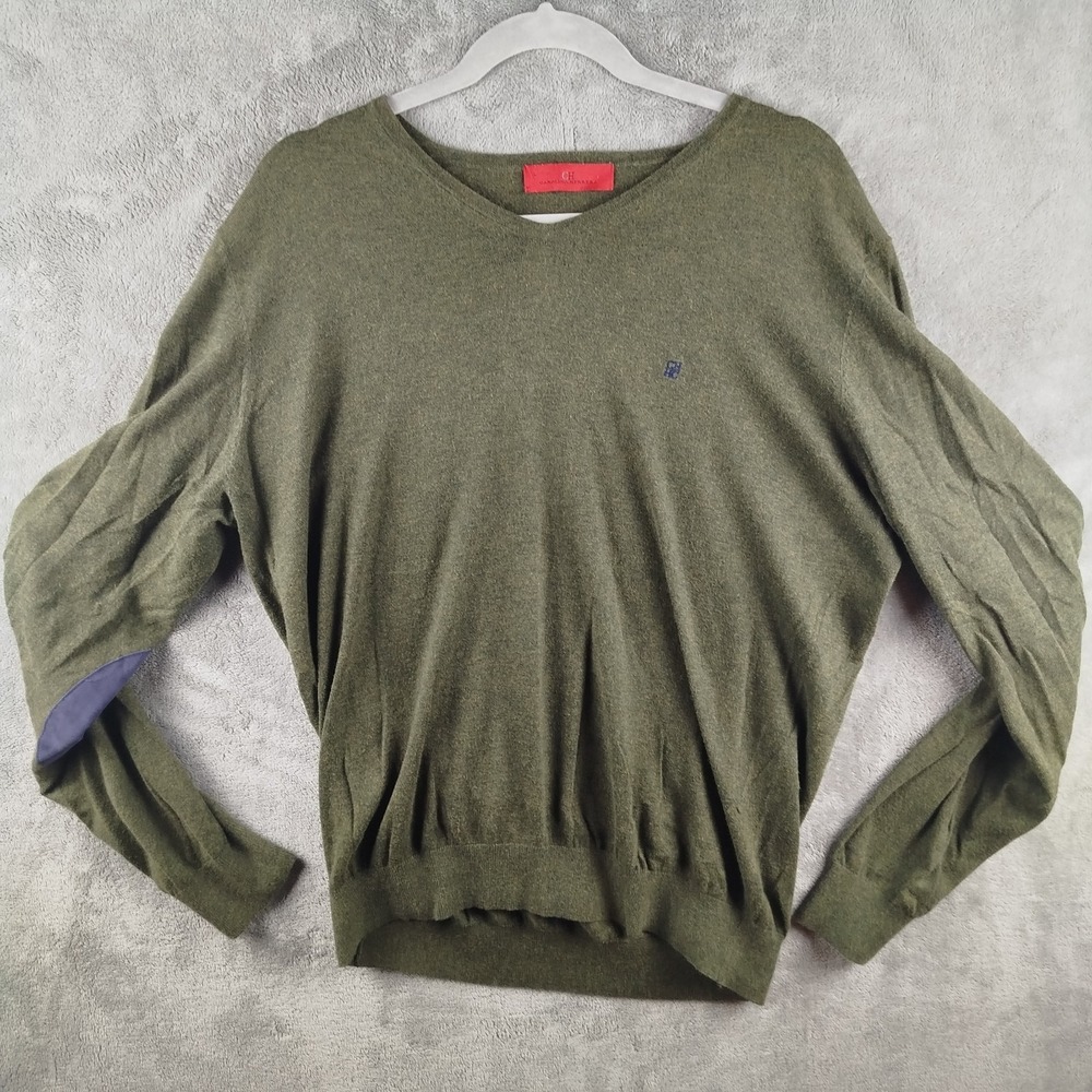 Carolina Herrera V-Neck Sweater Olive Green with Purple Elbow Patches Mens L